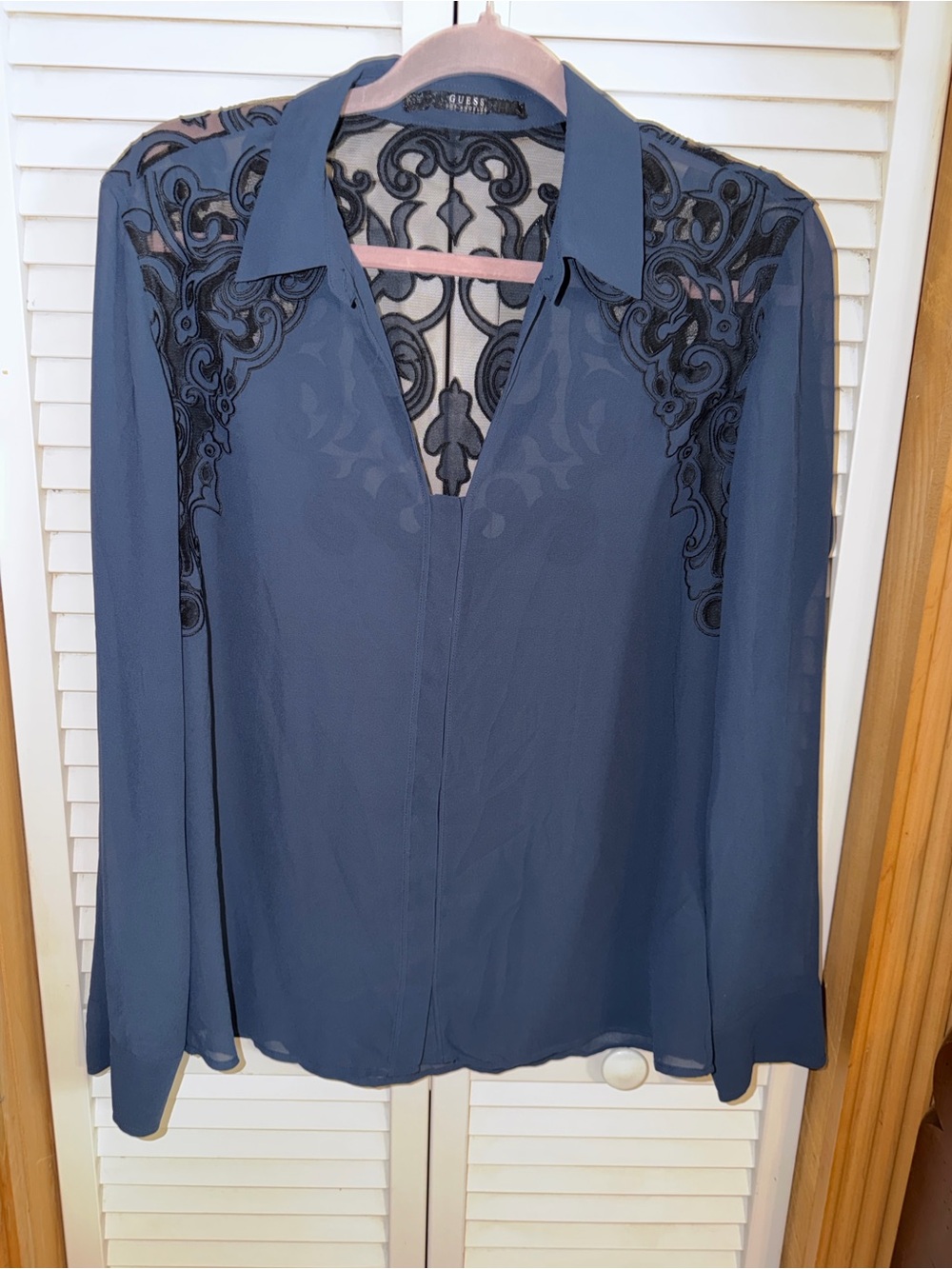 Guess Navy Blue Sheer Blouse with Black Embroidered Yoke